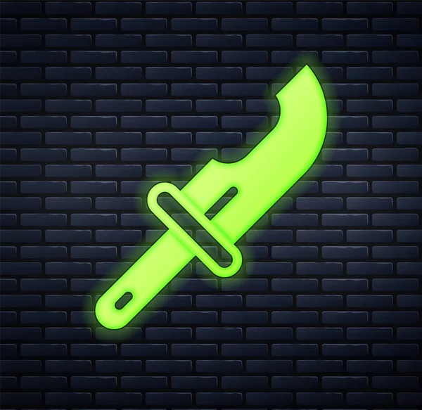 Glowing Neon Hunter Knife Icon Isolated Brick Wall Background Army — Stock Vector