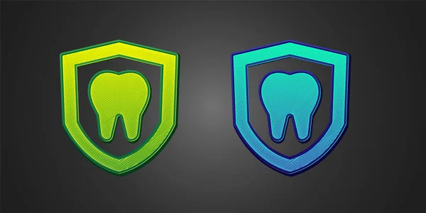 Зеленый Синий Значок Защиты Зубов Выделенный Черном Фоне Логотип Зуба — стоковый вектор