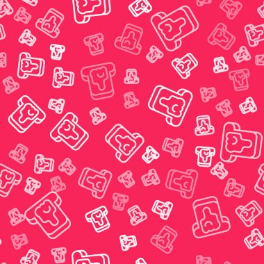 Beyaz çizgi üzerinde bal simgesi olan ekmek parçası kırmızı arkaplanda izole edilmiş kusursuz desen. Reçelli tost veya bal. Vektör