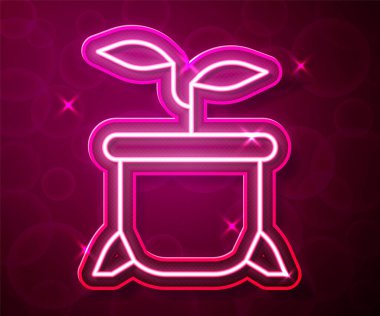 Parlayan neon hattı. Kırmızı arkaplanda tencere simgesinde bitki var. Tencerede yetişen bir bitki. Saksı bitkisi işareti. Vektör