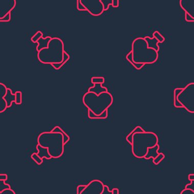 Aşk ikonu ikonlu kırmızı çizgi şişesi siyah arkaplandaki kusursuz deseni izole etti. Sevgililer Günü sembolü. Vektör