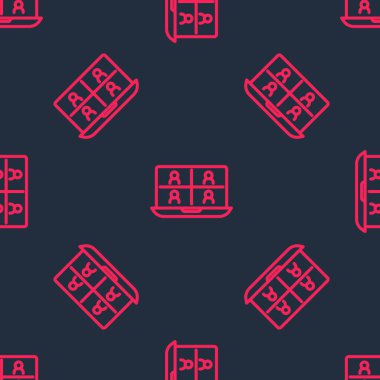 Kırmızı çizgi görüntülü sohbet konferans simgesi siyah arkaplanda izole edilmiş kusursuz desen. Çevrimiçi iş görüşmesi formu. Uzak proje yönetimi. Vektör