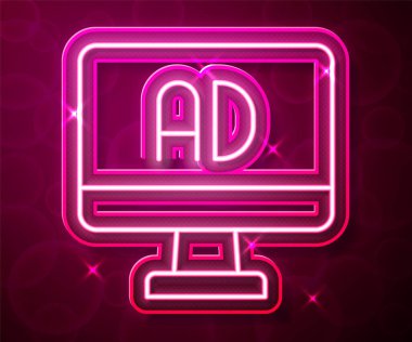 Parlayan neon hattı reklam simgesi kırmızı arkaplanda izole edildi. Pazarlama ve tanıtım süreci kavramı. İlgili reklamlar. Sosyal medya reklamcılığı. Vektör