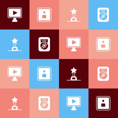 Pop Art Online oyun videosu, Play Video, Movie kupası ve CD disk ödül çerçeve simgesini ayarla. Vektör