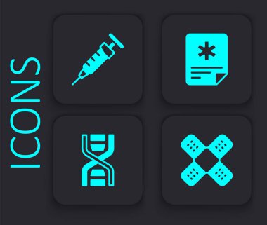 Çapraz bandaj sıvası, şırınga, hasta kaydı ve DNA sembolü simgesini ayarla. Siyah kare düğme. Vektör