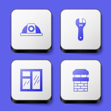 İşçi kaskını, ayarlanabilir anahtarı, odadaki pencereyi ve baca simgesini ayarla. Beyaz kare düğme. Vektör