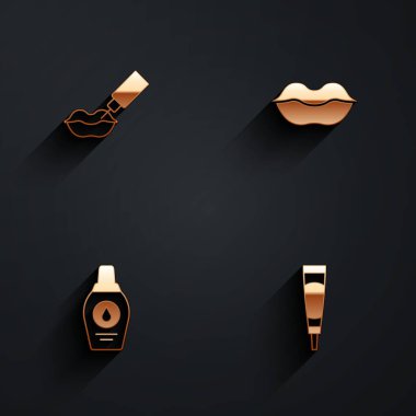 Dudak büyütme, gülümseyen dudaklar, bir şişe şampuan ve krem ya da uzun gölgeli losyon tüp ikonu. Vektör