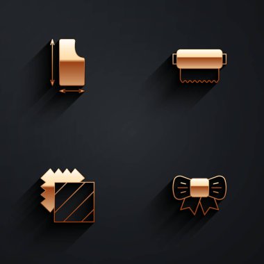 Dikiş desenini, kumaş rulosunu, kumaş katmanlarını ve uzun gölgeli hediye yay ikonunu ayarlayın. Vektör