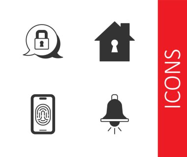 Alarm zilini, cep telefonunu, parmak izi tarayıcısını ve House 'u koruma simgesi olarak ayarla. Vektör