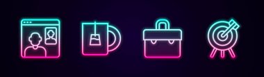 Görüntülü sohbet konferansı, bir fincan çay, evrak çantası ve hedefin mali hedefini belirle. Parlayan neon ikonu. Vektör