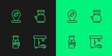 Çizgi kahve makinesi, elektrikli kahve öğütücü, fasulye ve kettle saplı mekan. Vektör