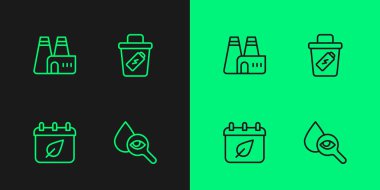 Set hattı düşüşü ve büyüteç, sonbahar yapraklı takvim, fabrika yapımı ve çöp kutusu ikonu. Vektör