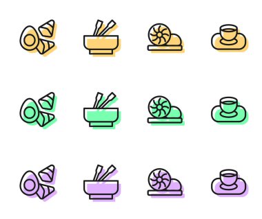 Xiao long bao, sebzeli tavuk yumurtası, kasede Asya eriştesi ve Soya sosu ikonu. Vektör