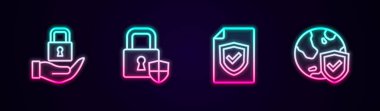 Hat kilidi, Kalkan güvenliği, kilit, sözleşme kalkanı ve dünya küresi. Parlayan neon ikonu. Vektör