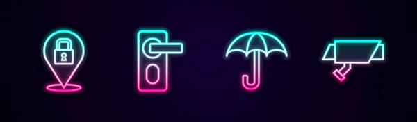 Állítsa Ujjlenyomat Zár Umbrella Biztonsági Kamera Ajtaját Ragyogó Neon Ikon — Stock Vector