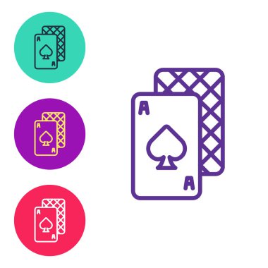 Beyaz arkaplanda kart simgesi çalma satırını ayarla. Kumarhane kumarı. Simgeleri renklendirin. Vektör.