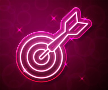 Parlayan neon çizgi klasik dart tahtası ve ok simgesi kırmızı arkaplanda izole edildi. Dartboard işareti. Oyun konsepti. Vektör.
