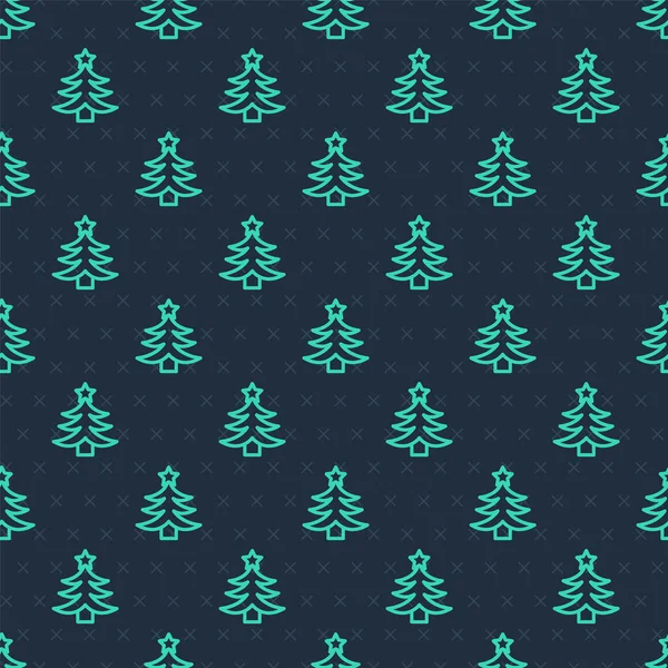 Green Line Christmas Tree Icon Isolated Seamless Pattern Blue Background — Stock Vector