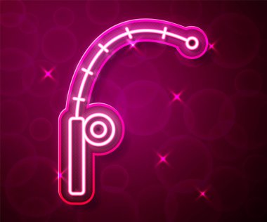 Parlayan neon hattı Balıkçı Çubuğu simgesi kırmızı arkaplanda izole edildi. Büyük bir balık yakala. Balıkçılık ekipmanları ve balık çiftliği konuları. Vektör.