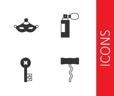 Şarap tirbuşonu karnaval maskesi Eski anahtar ve parfüm ikonu. Vektör.