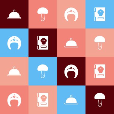 Tabakta mantarlı balık bifteği ve yemek kitabı ikonu ile kaplanmış pop sanatını hazırla. Vektör.