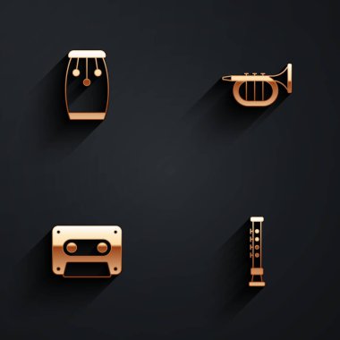 Conga davullarını, Trompet Retro ses kasetini ve Flüt simgesini uzun gölgeli ayarla. Vektör.