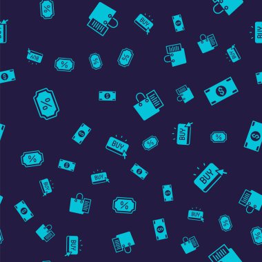 İndirim yüzdesi etiketini, kağıt para nakit alışveriş listesini ve pürüzsüz şablona göre satın alma düğmesini ayarla. Vektör.