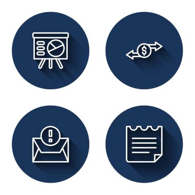 Satır Tahtasını grafikle Para Takası Zarfı ve Uzun Gölgeli Not Defteri ile ayarla. Mavi daire düğmesi. Vektör.