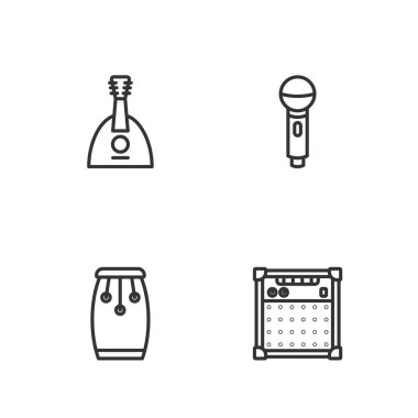 Gitar yükseltici bateri Balalaika ve Mikrofon simgesini ayarlayın. Vektör.