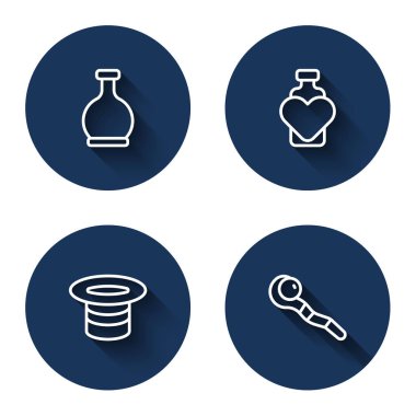 Aşk iksiri dolu bir şişe, sihirli şapka ve uzun gölgeli asayla dizilin. Mavi daire düğmesi. Vektör.