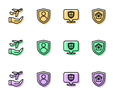 Hat konum kalkanı uçağını el sigortası ve House ikonu ile ayarlayın. Vektör.