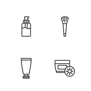 Güneş kremini tüp kremine ya da losyon kozmetik şişe sıvı sabun ve makyaj fırçası ikonuna yerleştir. Vektör.