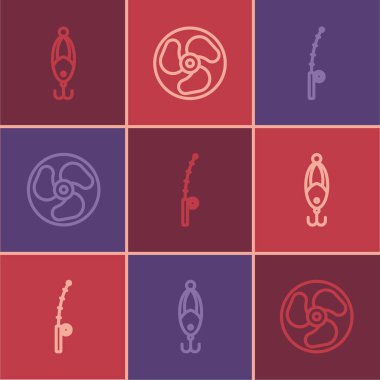 Olta oltası ve dıştaki tekne motor ikonu ayarlayın. Vektör.