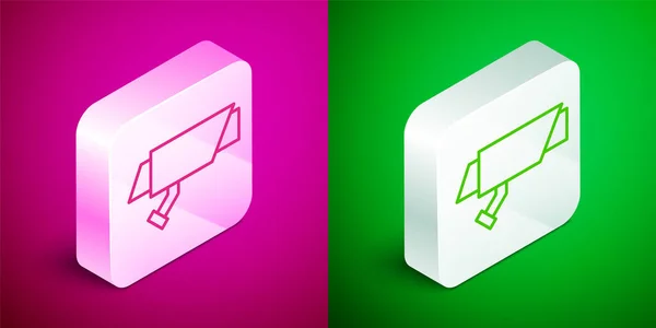 Linea Isometrica Icona Della Telecamera Sicurezza Isolata Sfondo Rosa Verde — Vettoriale Stock