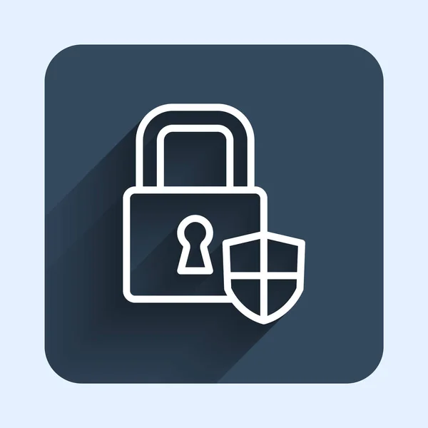 White Line Shield Security Lock Icon Isolated Long Shadow Background — Stock vektor