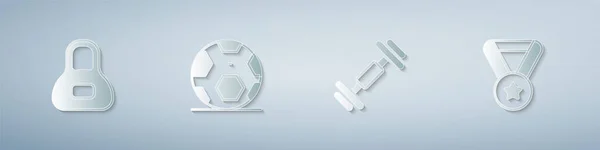 Jeu Poids Football Ballon Haltère Médaille Style Art Papier Vecteur — Image vectorielle