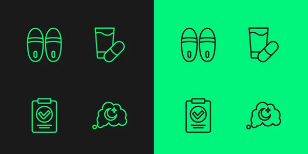 Set Line Dreams Medical Prescription Slippers Sleeping Pill Icon Vector — Stock Vector