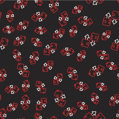 Trafik sembolü simgesi olan çizgi karton kutu siyah arkaplanda izole edilmiş kusursuz desen. Kutu, paket, paket işareti. Teslimat, ulaşım ve nakliye. Vektör.