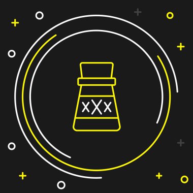 Siyah zemin üzerinde iksir ikonu olan çizgi şişesi. Sihirli iksirli matara. Mutlu Cadılar Bayramı Partisi. Renkli taslak konsepti. Vektör.