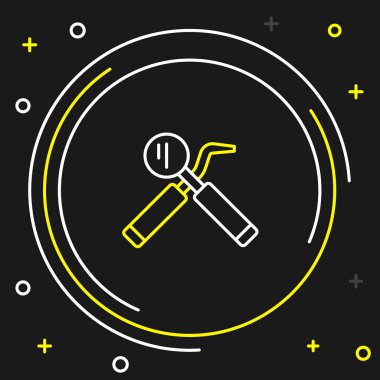 Çizgi Diş Teftişi aynası ve sonda simgesi siyah arkaplanda izole edildi. Kaşif pulluğu. Diş muayenesi. Renkli taslak konsepti. Vektör.