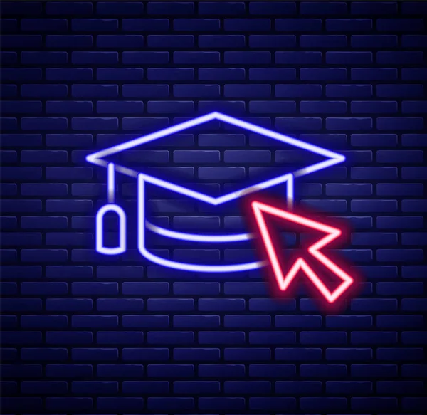 Glowing Neon Line Graduation Cap Cursor Icon Isolated Brick Wall — Stock Vector