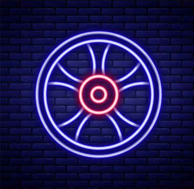 Duvarın arka planında izole edilmiş araba ikonu için parlak neon hat alloy tekerleği. Renkli taslak konsepti. Vektör.