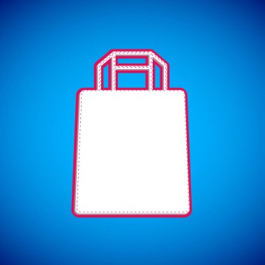 Mavi arka planda beyaz kağıt alışveriş torbası simgesi var. Paket işareti. Vektör.