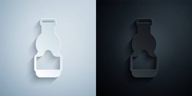 Kağıt kesiği sos şişesi simgesi gri ve siyah arkaplanda izole edilmiş. Ketçap, hardal ve fast food için soslu mayonez şişeleri. Kağıt sanatı tarzı. Vektör.