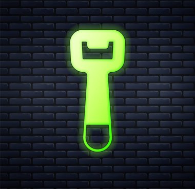 Parlayan neon şişe açacağı simgesi tuğla duvar arka planında izole edildi. Vektör.
