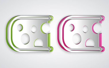 Kağıt kesiği, gri arkaplanda izole edilmiş peynir simgesi. Kağıt sanatı tarzı. Vektör.