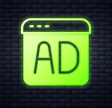 Parlayan neon reklam simgesi tuğla duvar arka planında izole edildi. Pazarlama ve tanıtım süreci kavramı. İlgili reklamlar. Sosyal medya reklamcılığı. Vektör.