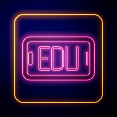 Parlayan neon çevrimiçi eğitim ve mezuniyet ikonu siyah arka planda izole edildi. İnternetteki öğretmen monitörde. Giyinme ve video semineri öğrenme. Vektör.