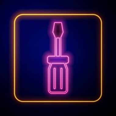 Parlayan neon tornavida simgesi siyah arkaplanda izole edildi. Servis aracı sembolü. Vektör.