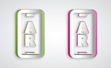 Kağıt kesiği Artırılmış gerçeklik AR simgesi gri arka planda izole edildi. Sanal geleceksel giyilebilir cihazlar. Kağıt sanatı tarzı. Vektör.